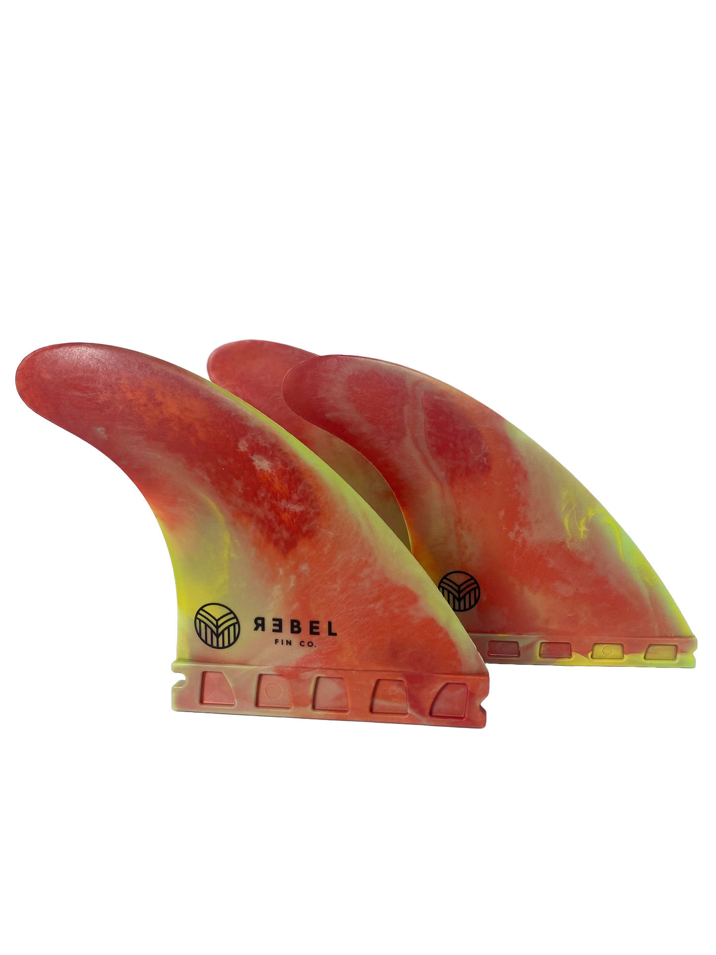 A set of thruster surfboard fins made by Rebel Fin Co. for boards with futures mounts. The colours are marble red and yellow.