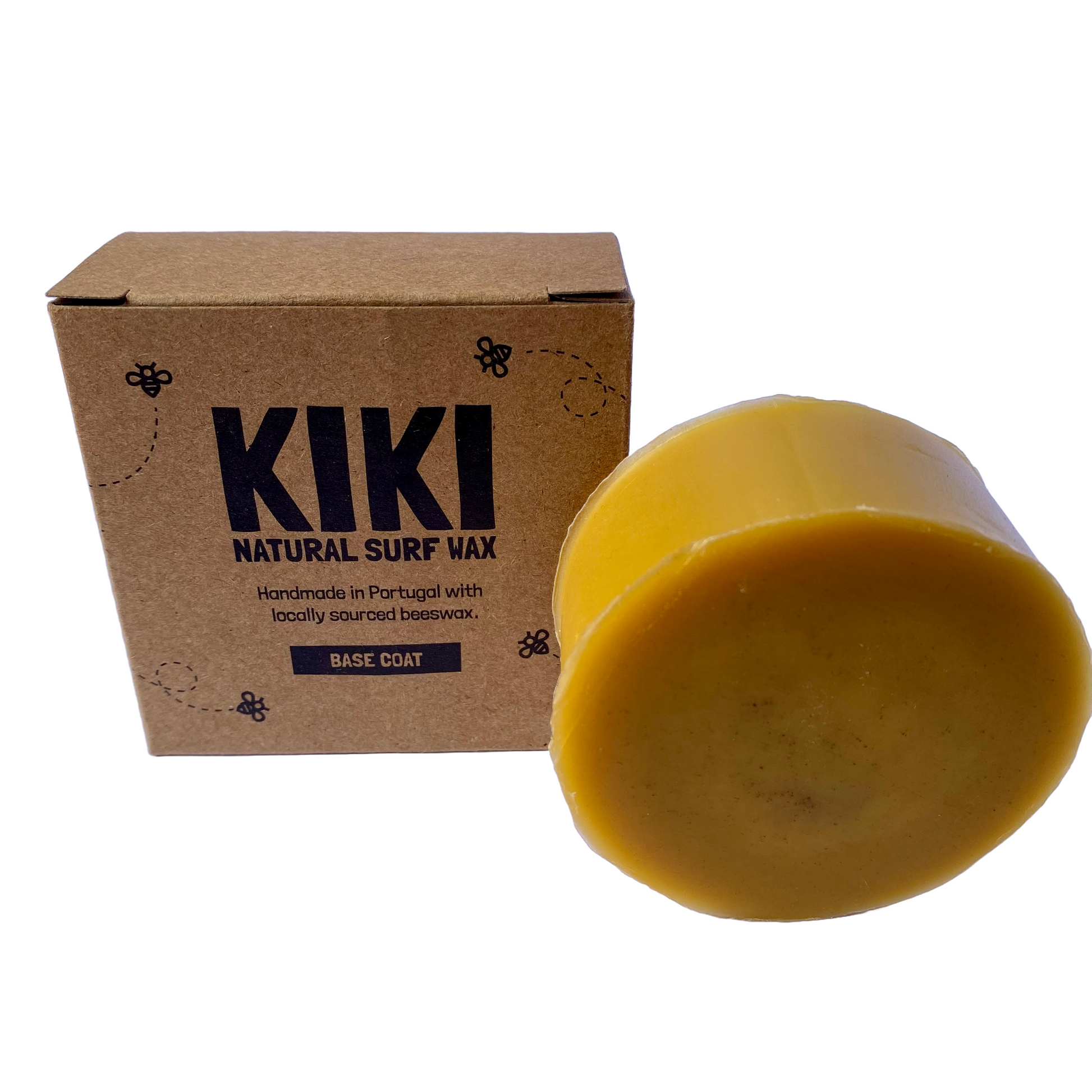 Image of a round orange block of surf wax standing next to it's box. The box reads "KIKI NATURAL SURF WAX. Hand made in Portugal with locally sourced beeswax".