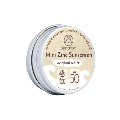 Tin of Suntribe natural zinc sunscreen in white SPF 50.