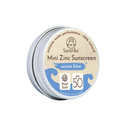 Tin of Suntribe natural zinc sunscreen in Blue SPF 50.