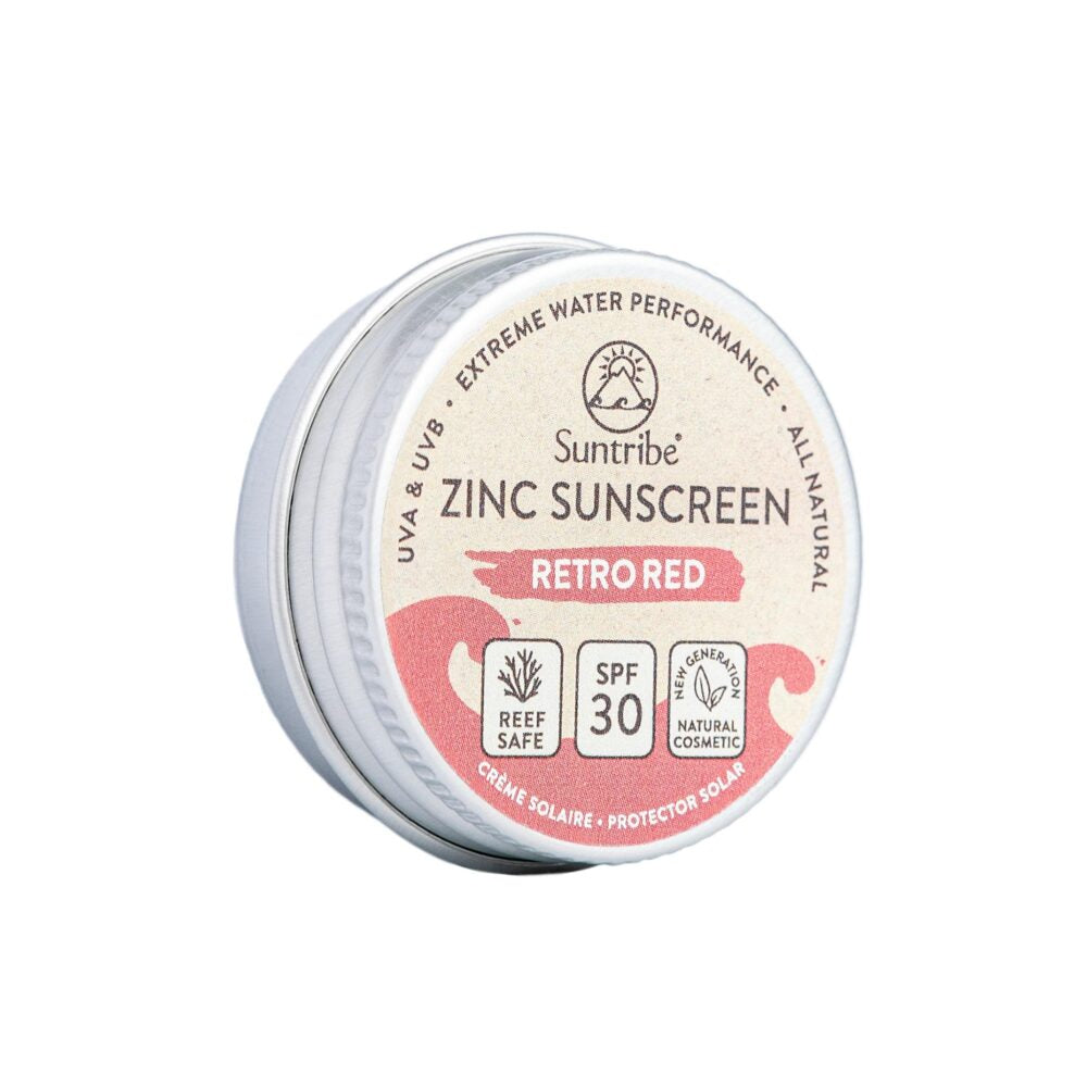 Tin of Suntribe natural zinc sunscreen in Red SPF 50.