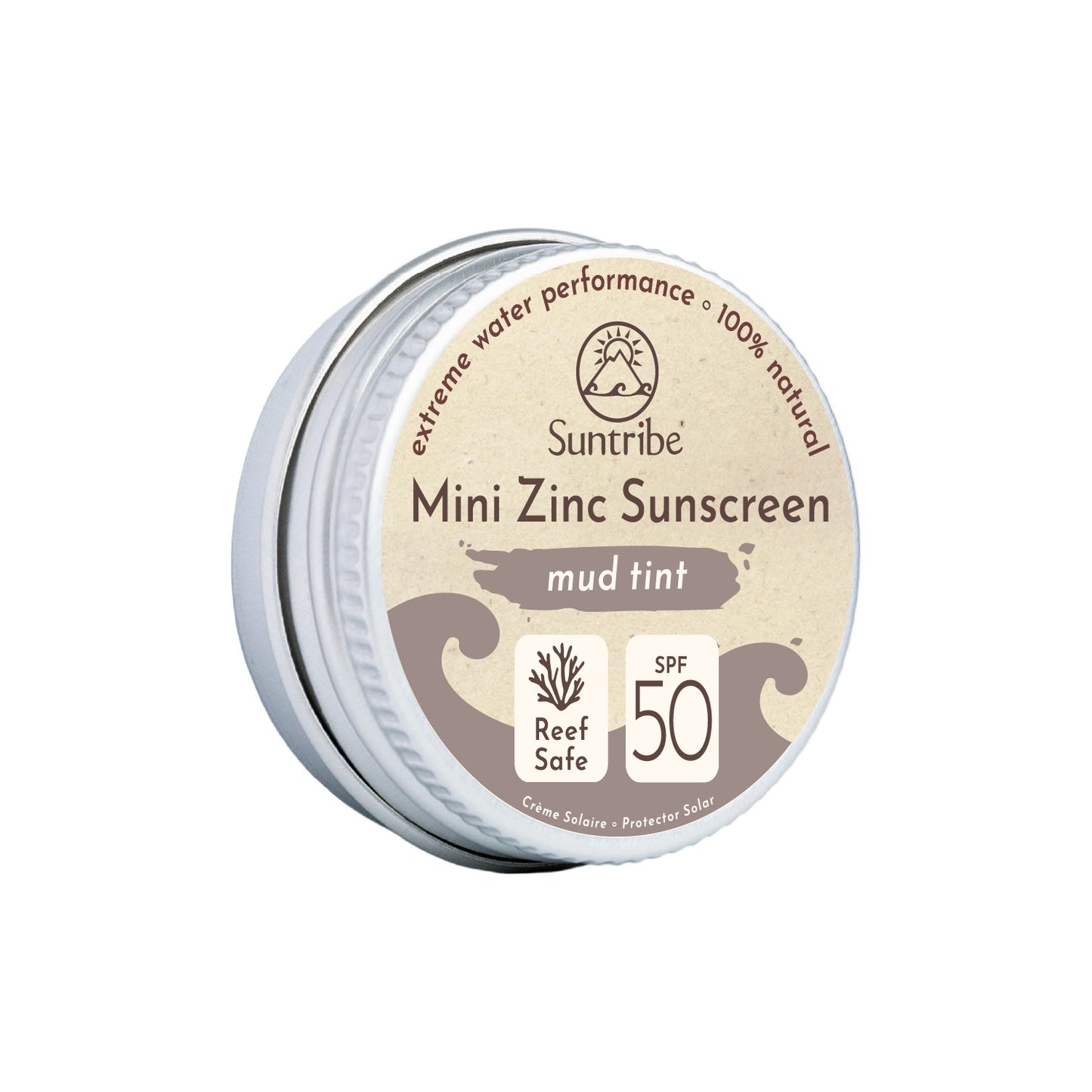 Tin of Suntribe natural zinc sunscreen in Mud Tint SPF 50.