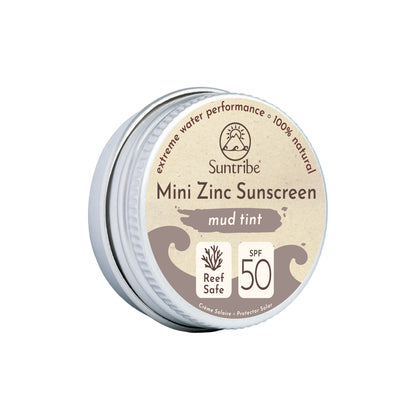 Tin of Suntribe natural zinc sunscreen in Mud Tint SPF 50.