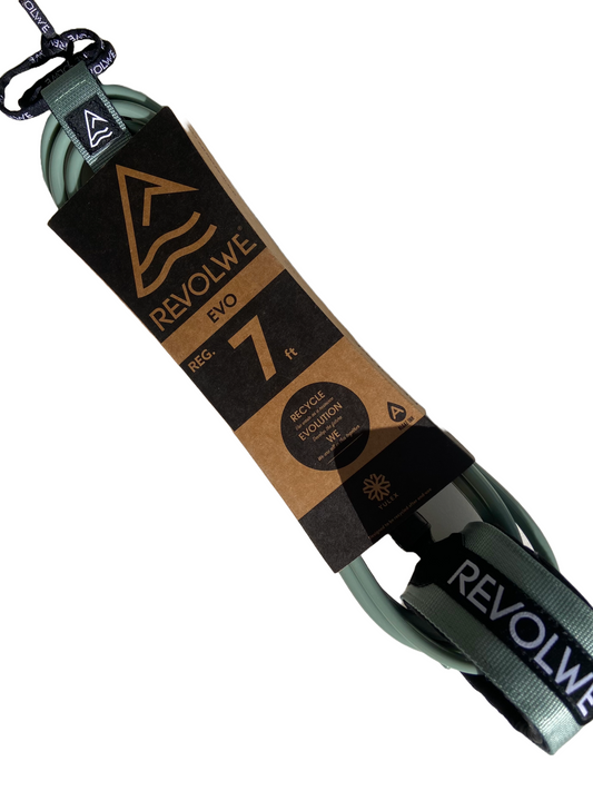 Pack shot of A REVOLWE recycled leash for surf boards in green.