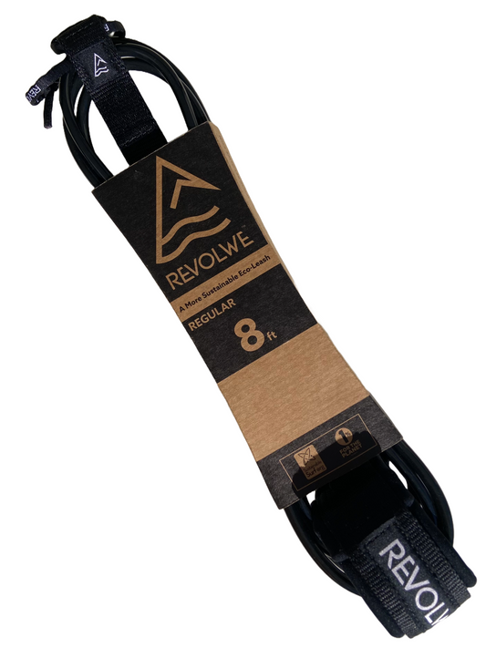 Pack shot of a black 8' REVOLWE surfboard leash in its packaging.