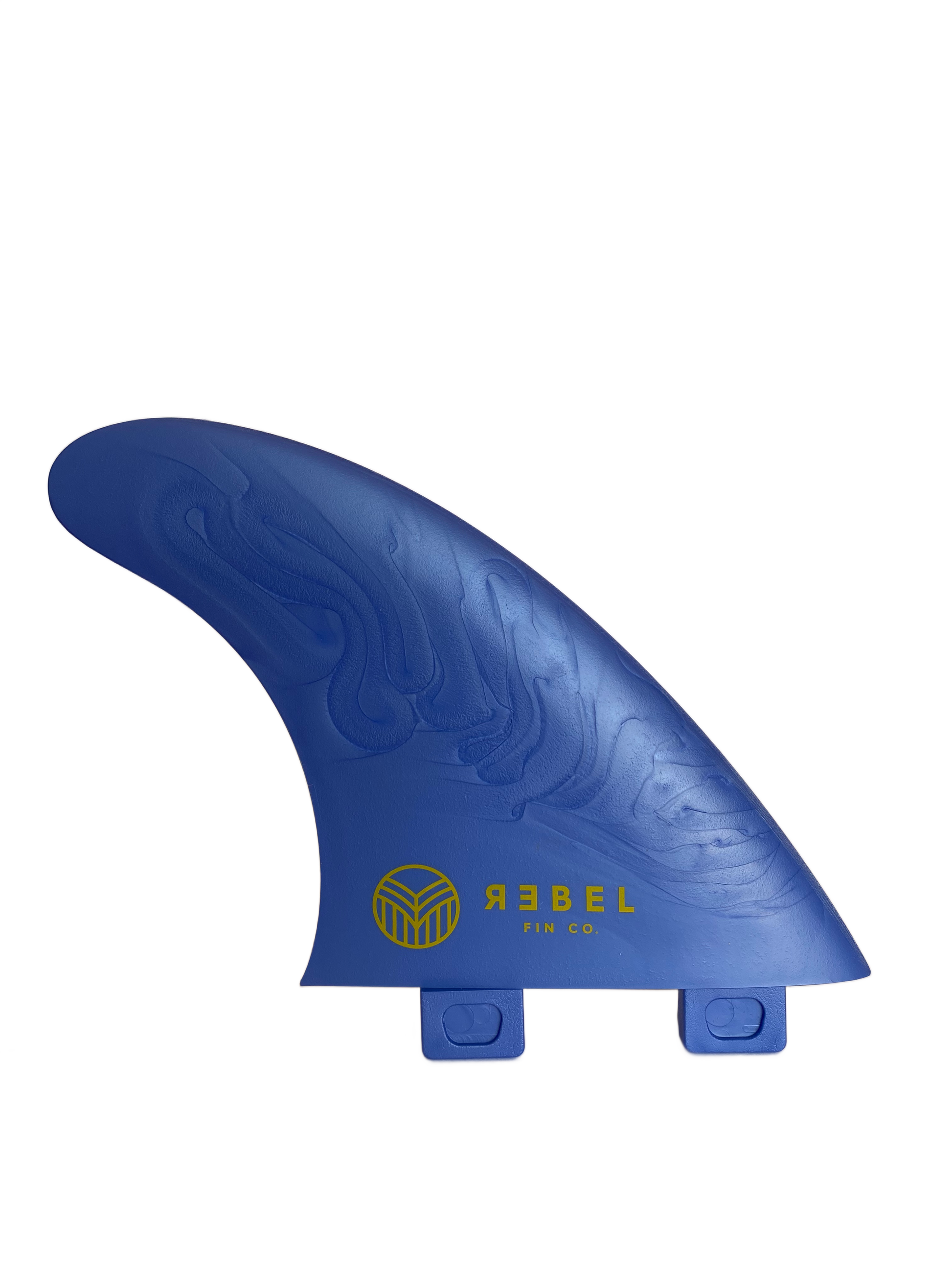 A single FCS thruster surfboard fin in blue. Produced by Rebel Fin Co.