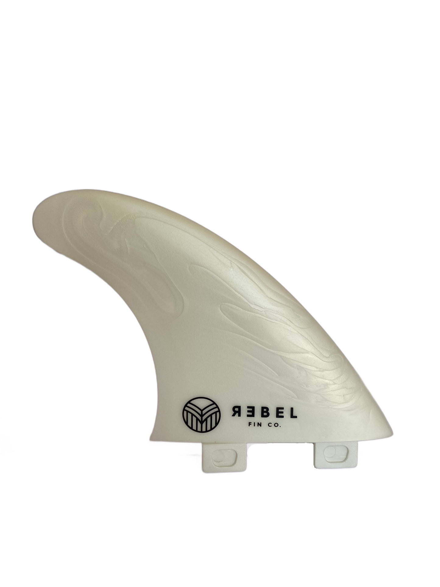 A thruster surf fin in white. FCS1 system made by Rebel Fin Co.